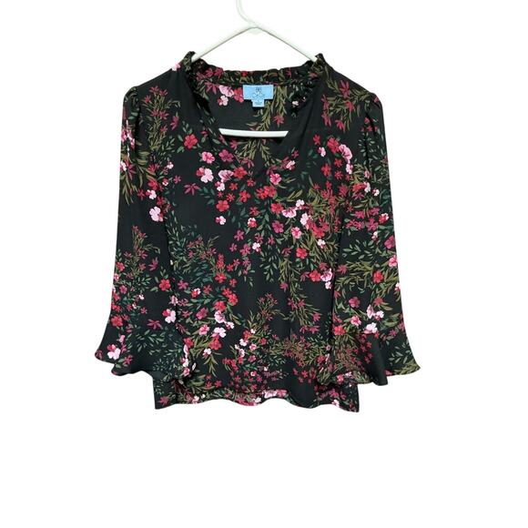 CeCe Tops - CeCe Black Floral Blouse Size S Long Sleeve Ruffle Neck Top